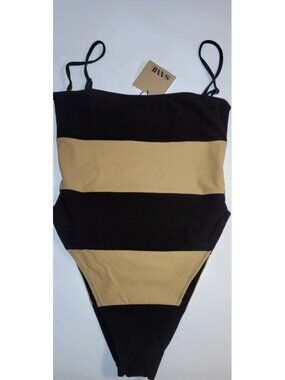 Same L Strapless One Piece Swimsuit Black Ivory Stripe Bandeau NWT